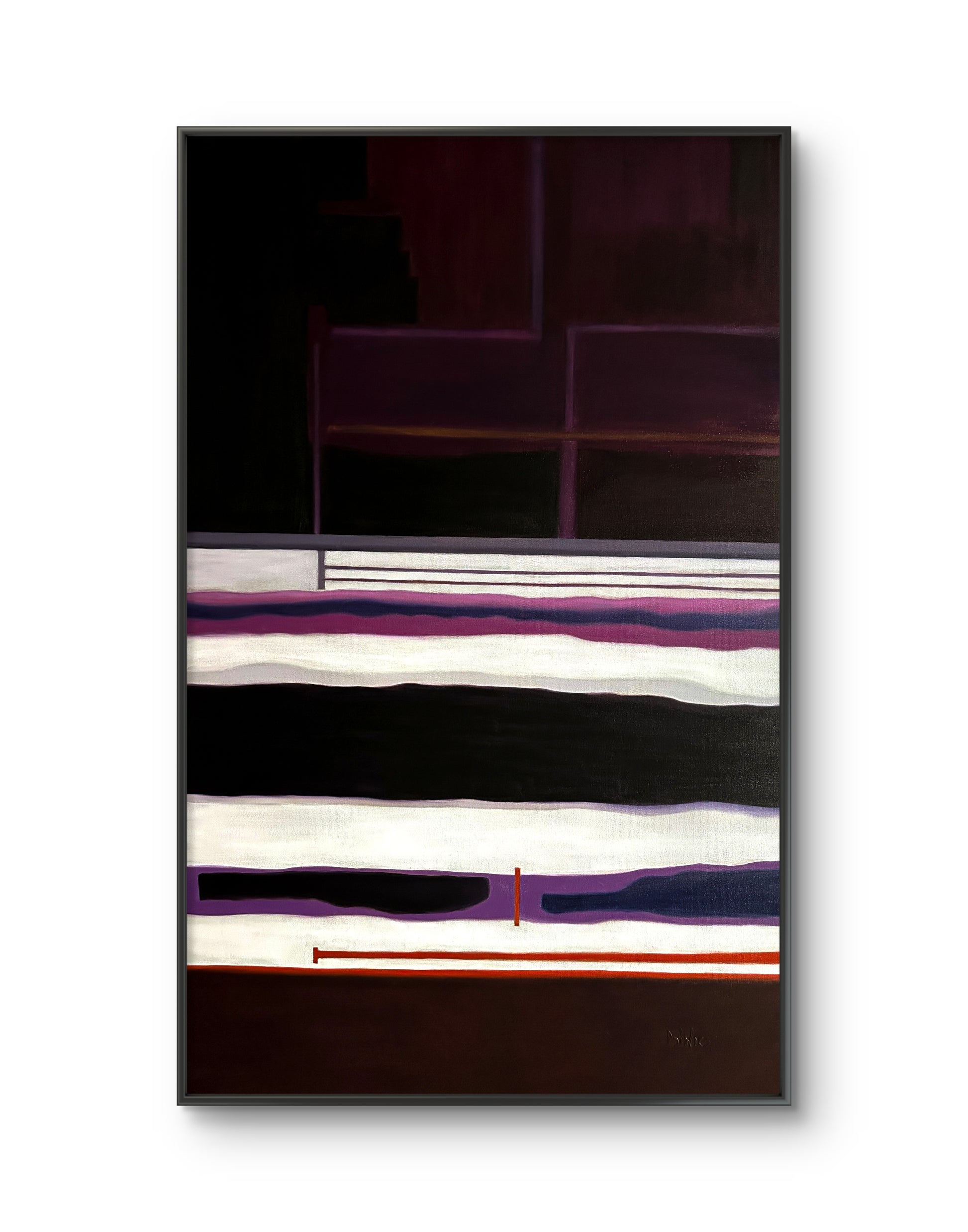Abstract art piece with horizontal stripes in black, white, and purple on a white background