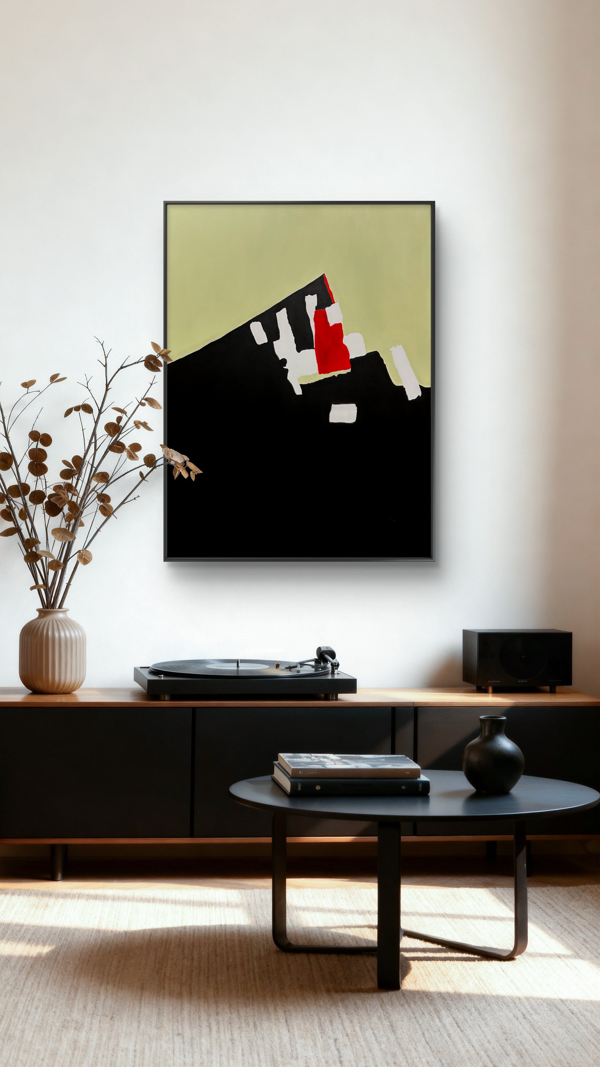 Modern living room with a stylish abstract painting on the wall.