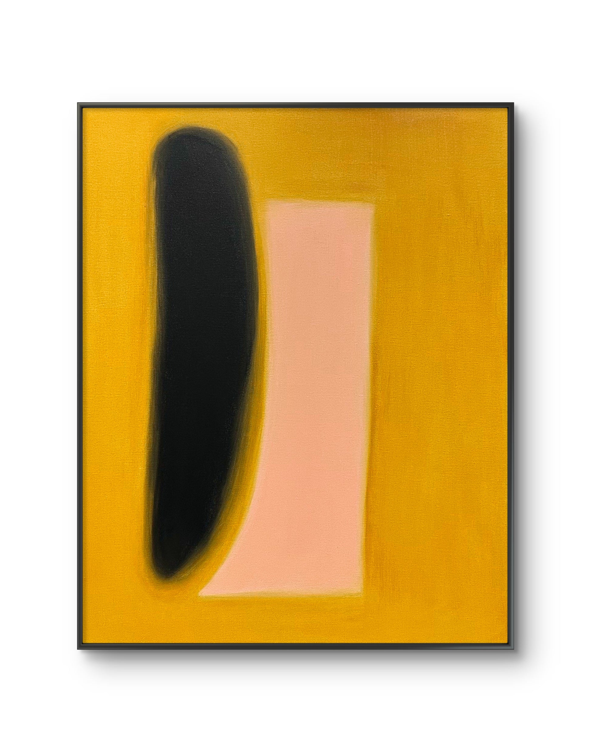 Abstract minimalist painting with soft vertical forms in black and blush on a warm golden background, framed in a modern interior style.