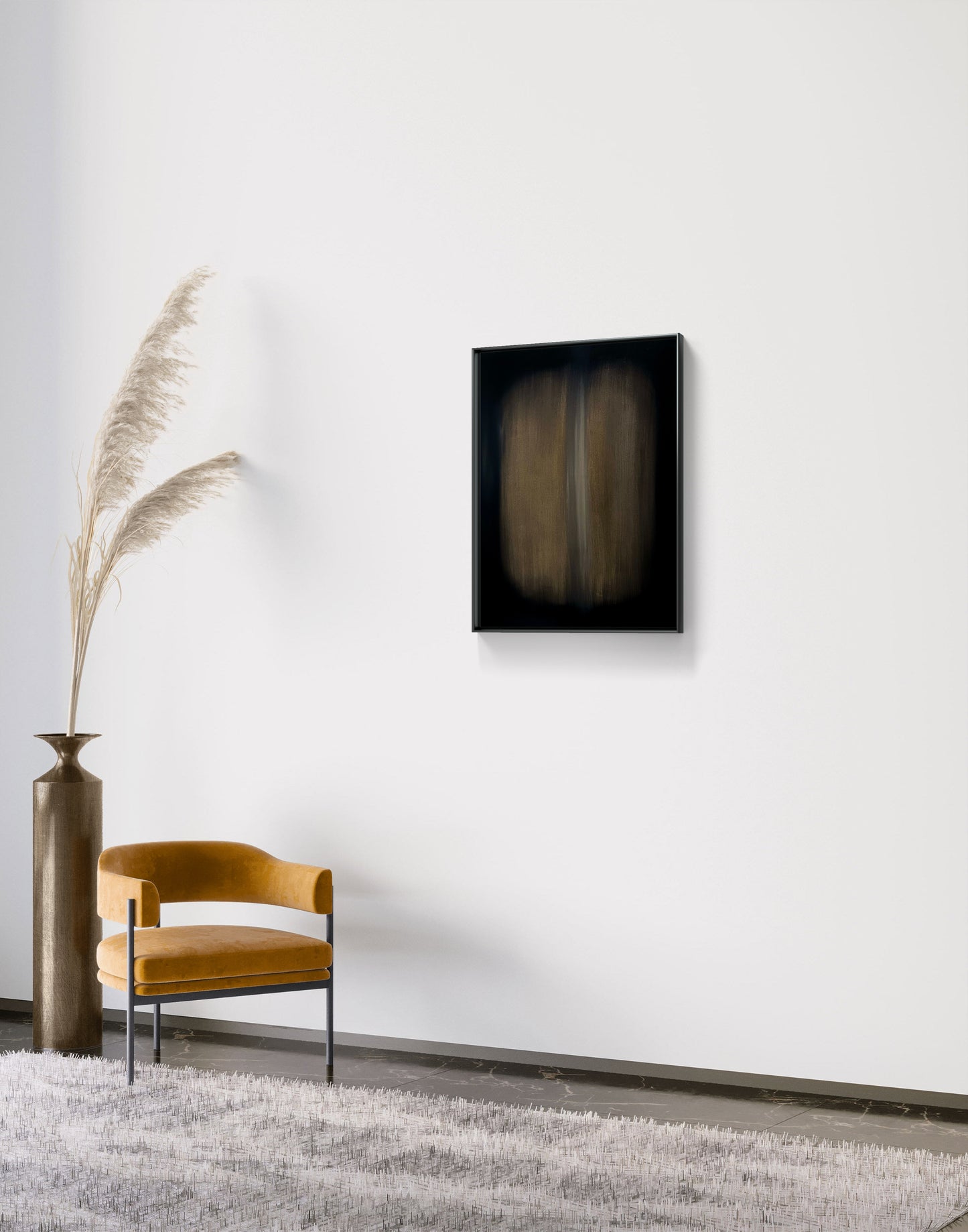 Modern interior with a chair, vase, and abstract wall art on a white wall.