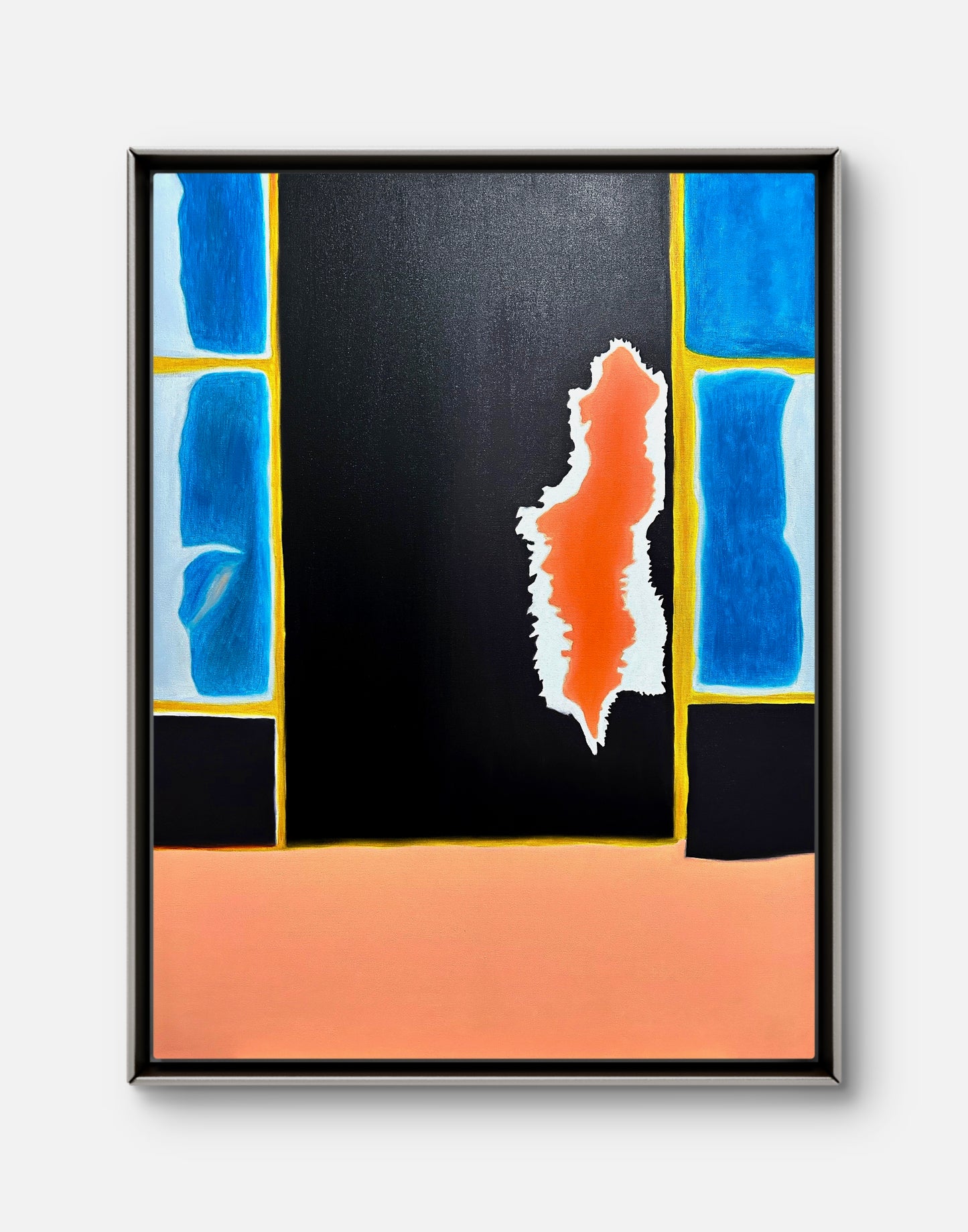 Abstract art piece with blue, orange, and black colors on a white background