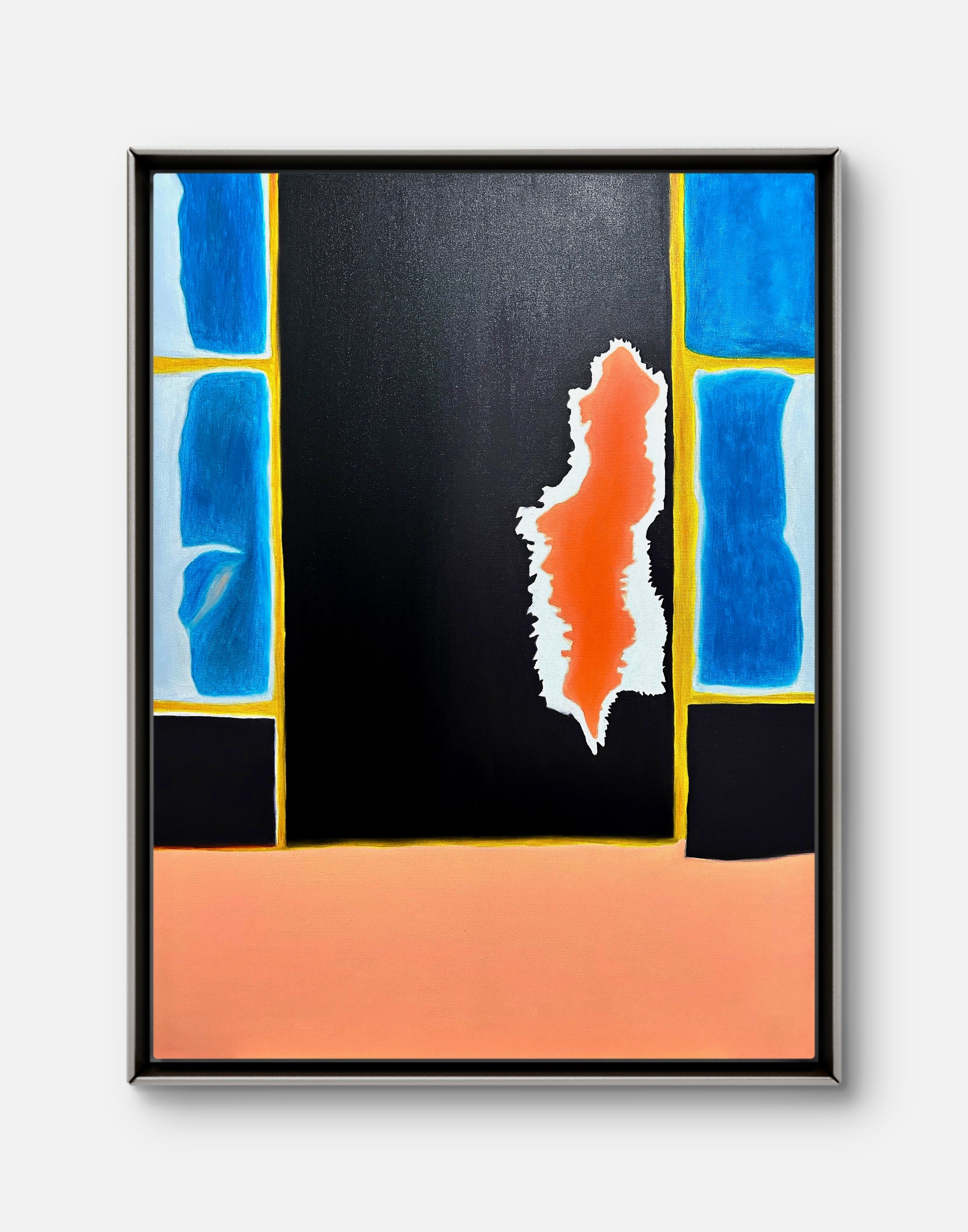 Abstract art piece with blue, orange, and black colors on a white background