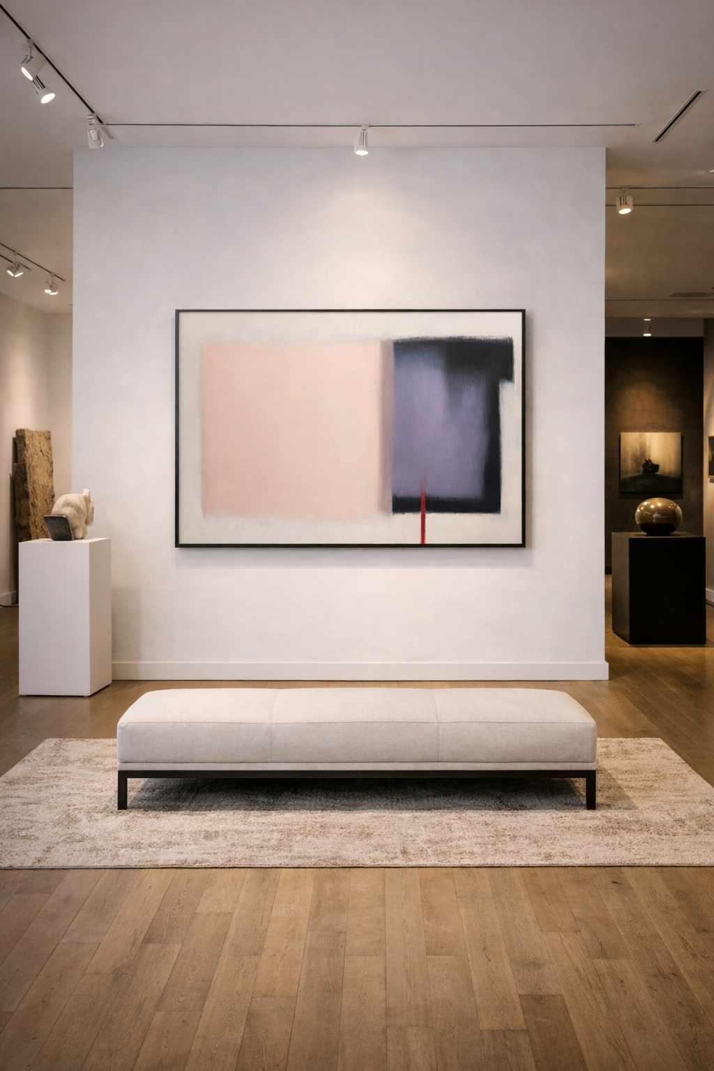 Modern interior with abstract art on the wall and a bench below.