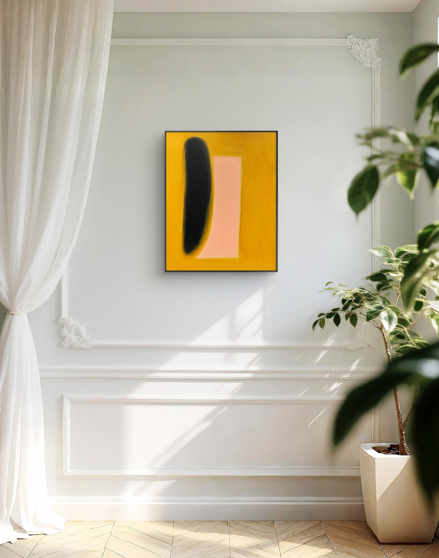 Abstract art piece on a wall with a plant and white curtains in the foreground