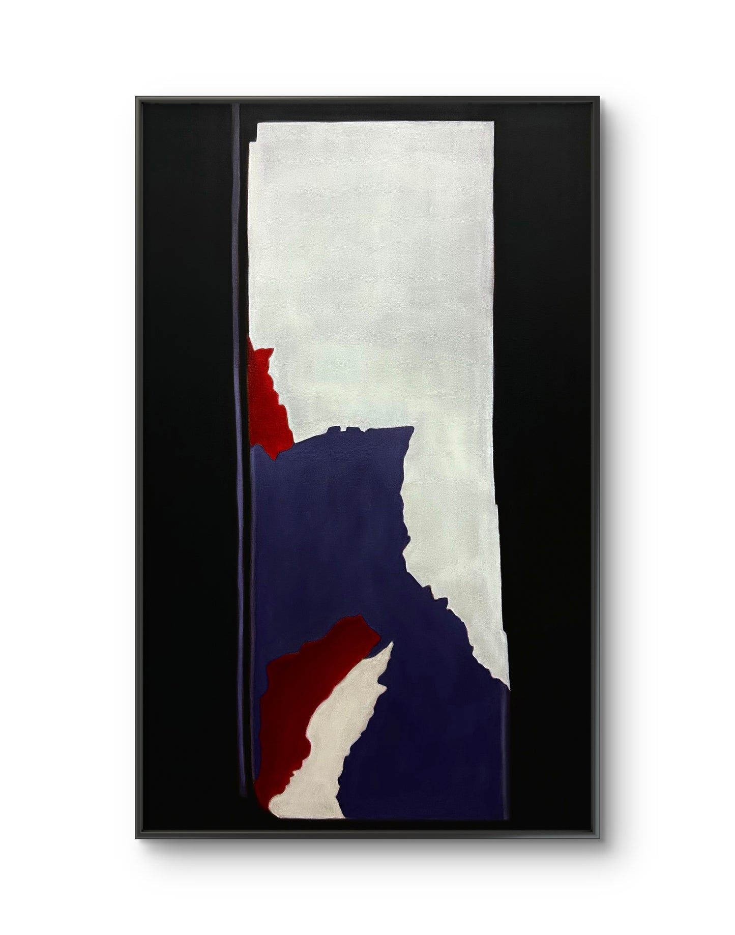 Abstract art piece with red, blue, and white colors in a black frame.