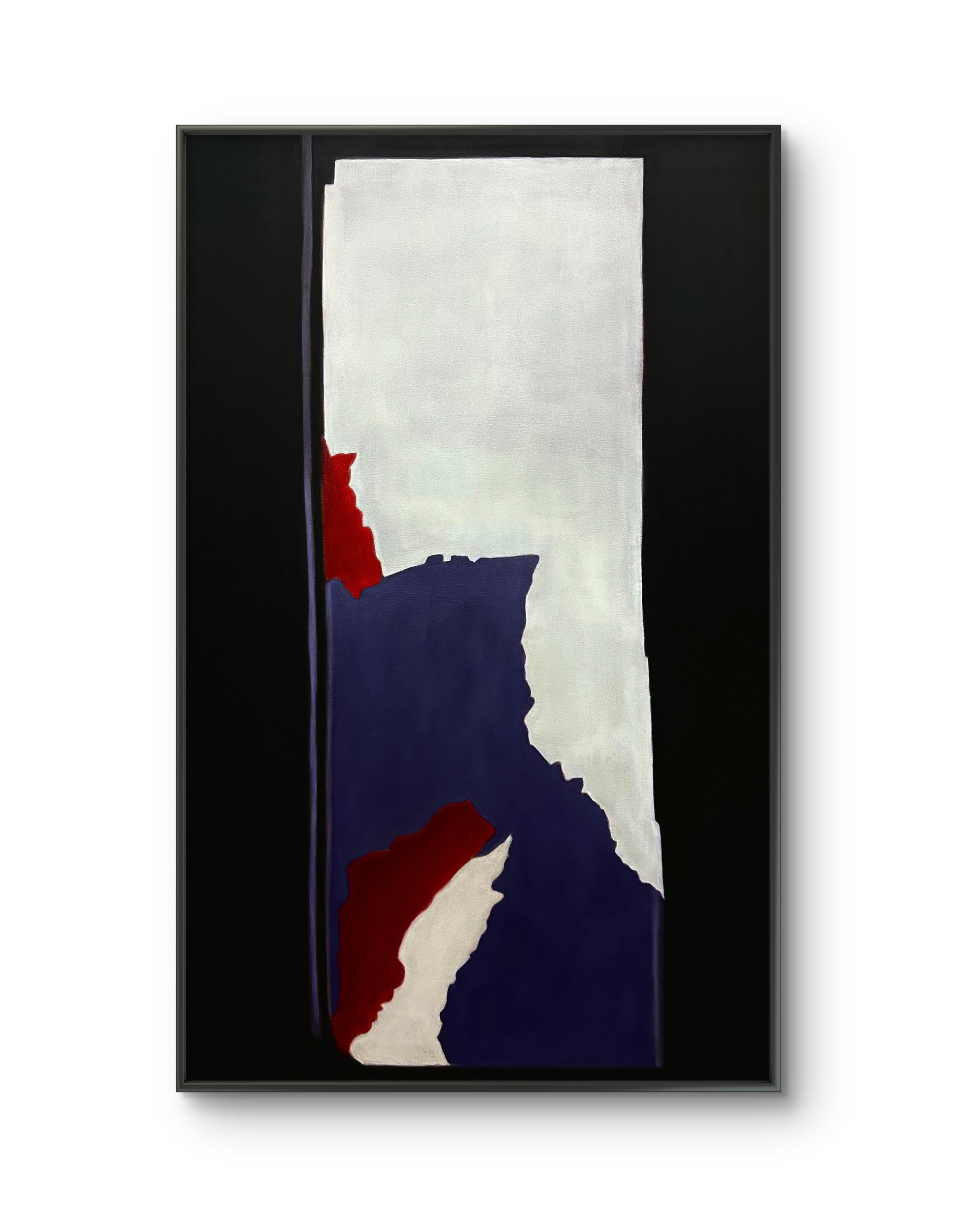 Abstract art piece with red, blue, and white colors in a black frame.