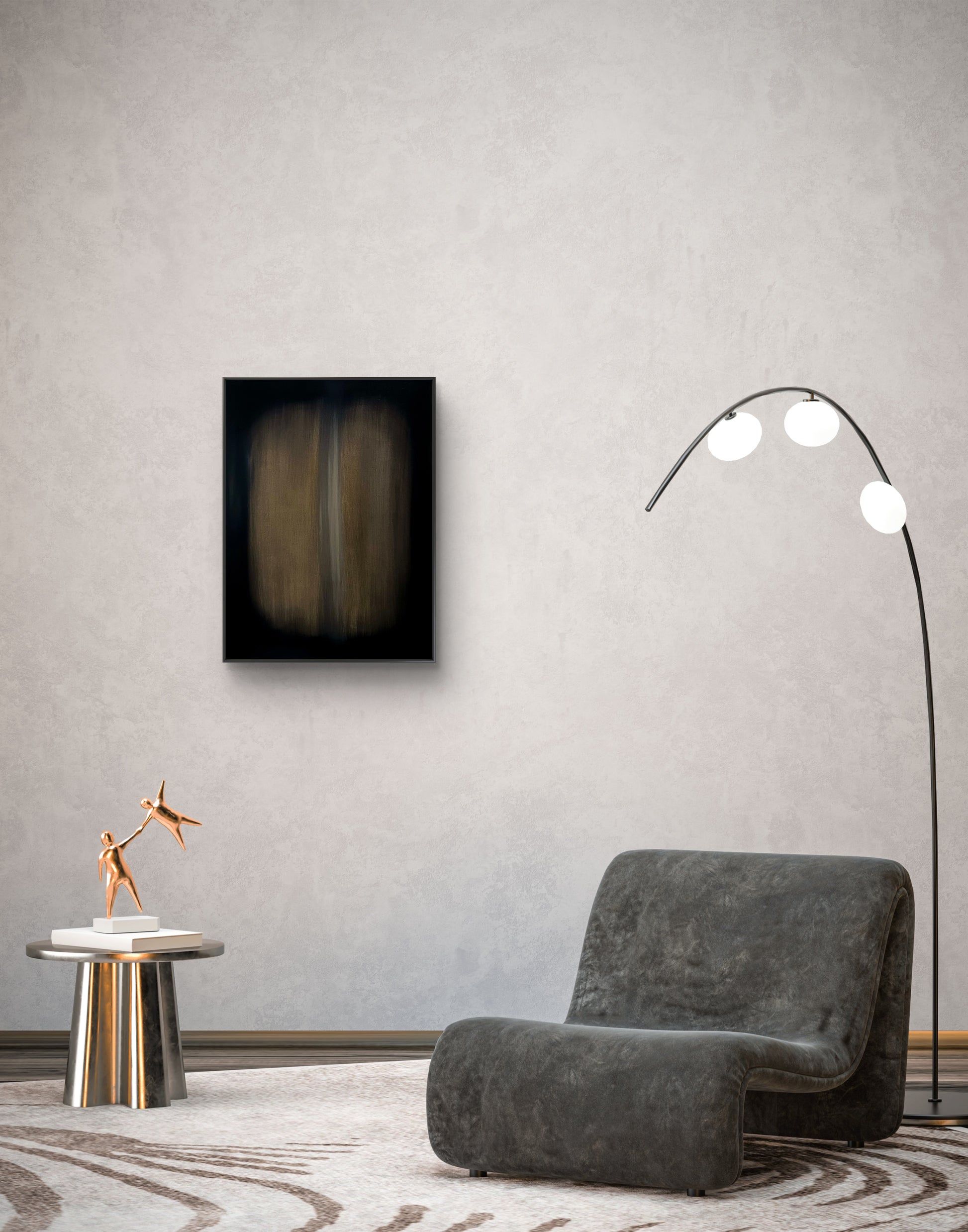 Modern living room with a gray armchair, abstract painting, and floor lamp.