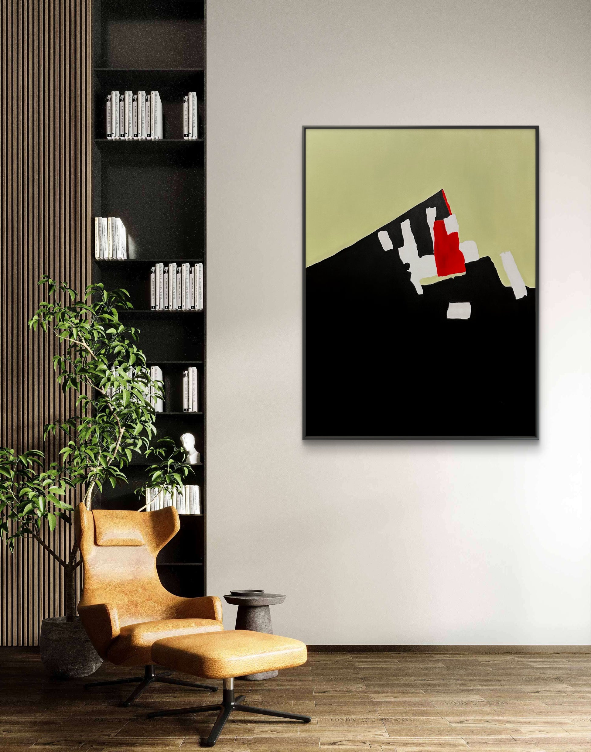 Modern interior with a brown chair, plant, and abstract art on the wall.