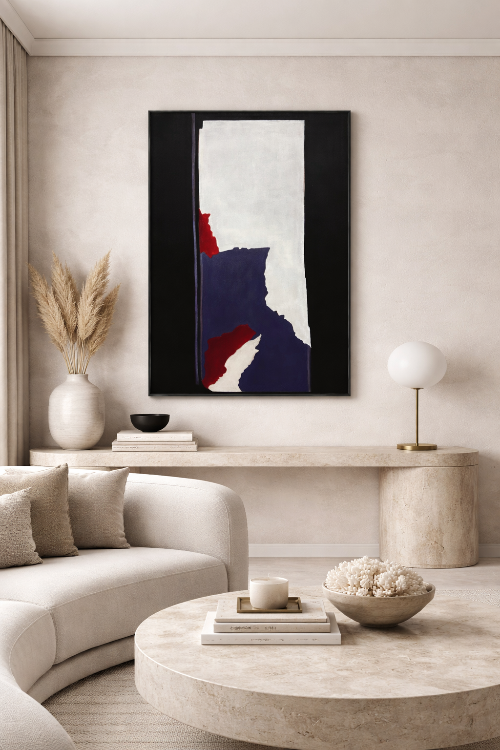 Modern living room with a abstract art piece on the wall