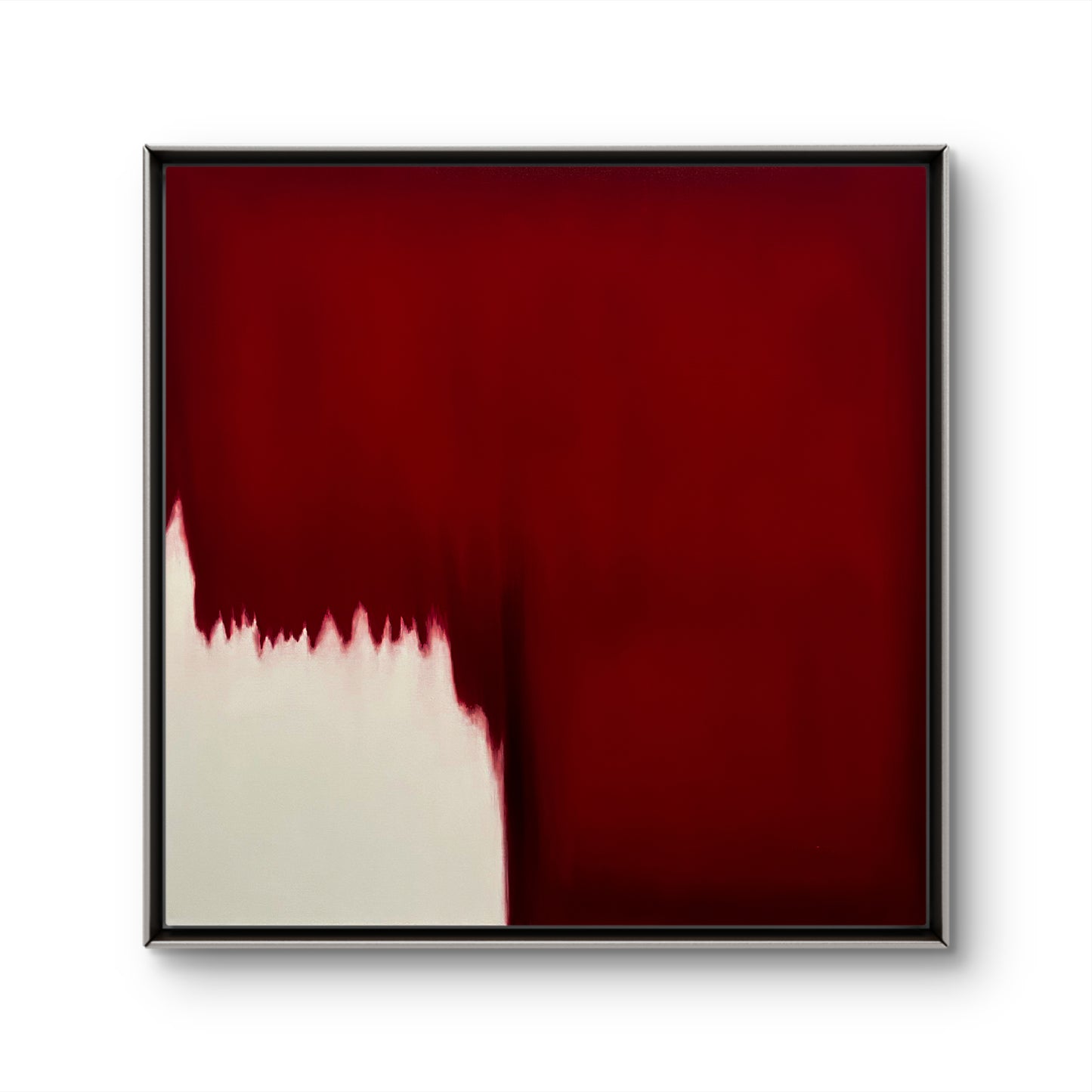 Abstract art piece with a red and white color gradient in a black frame.