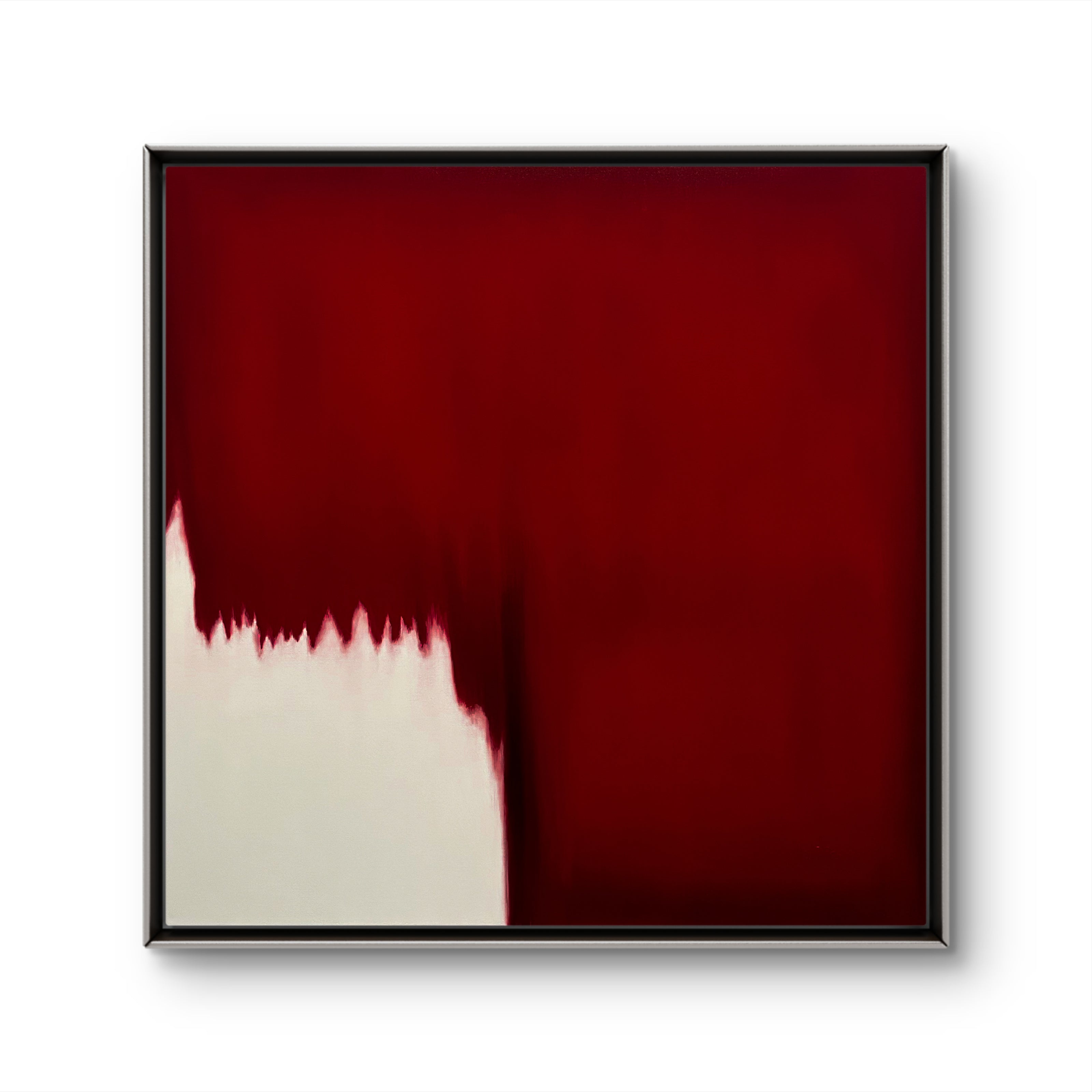 Abstract art piece with a red and white color gradient in a black frame.