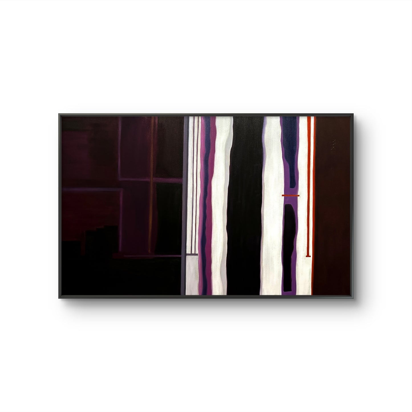 Abstract art piece with vertical stripes in black, white, and purple on a white background