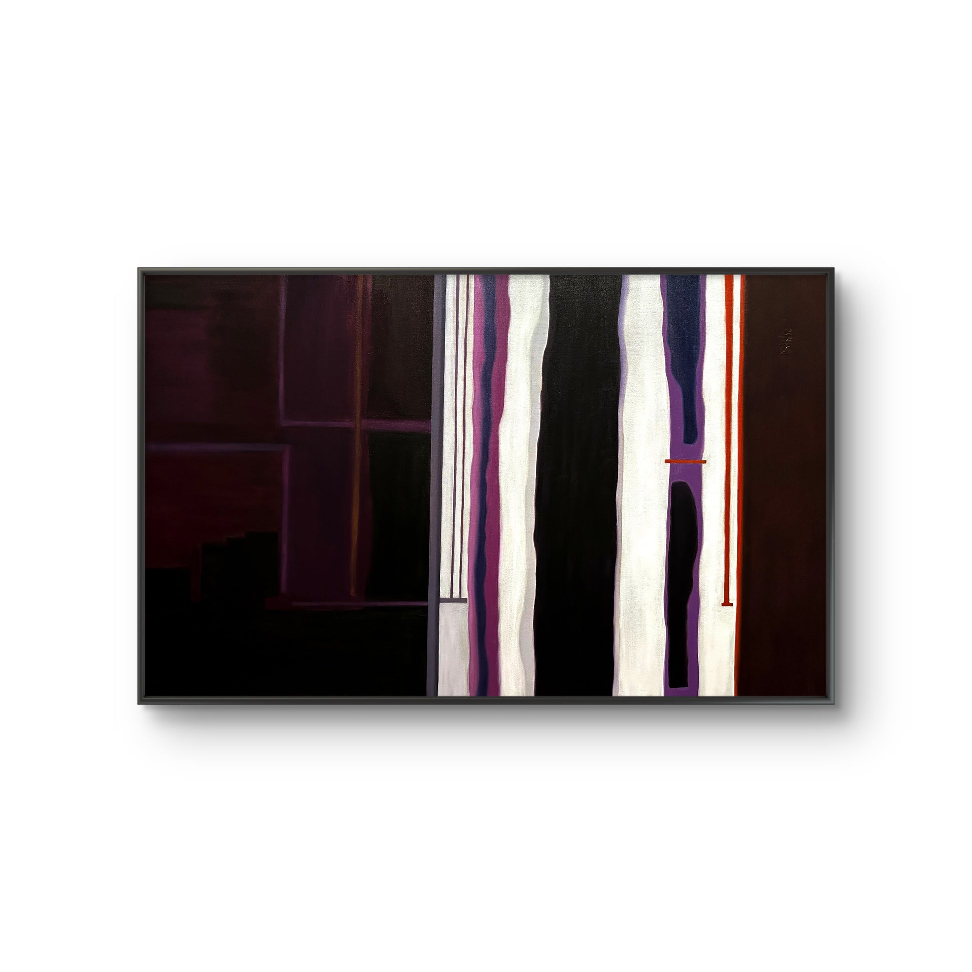 Abstract art piece with vertical stripes in black, white, and purple on a white background