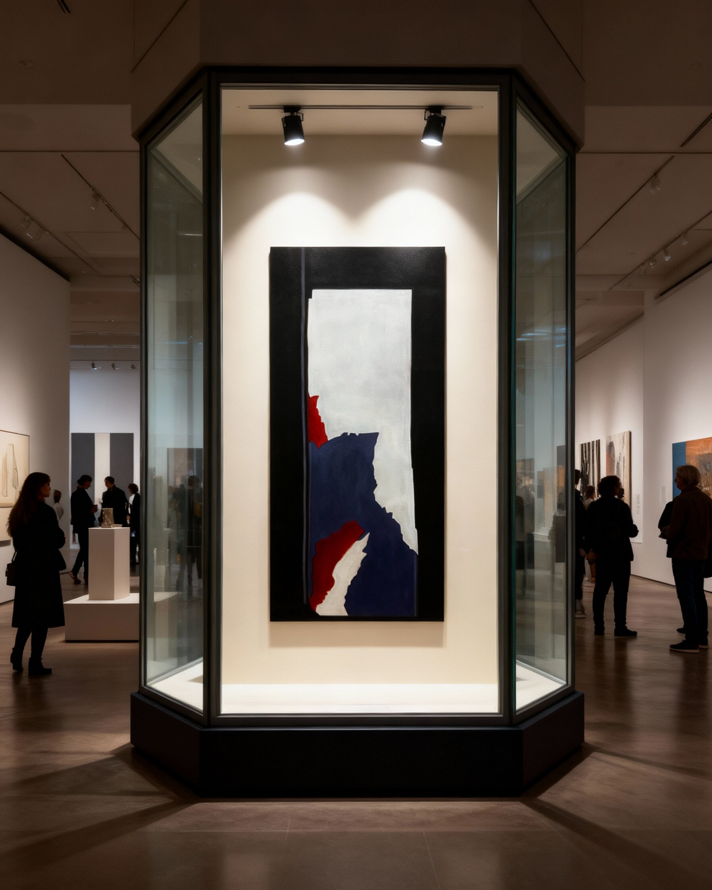 Abstract painting in a glass display case with people in an art gallery.