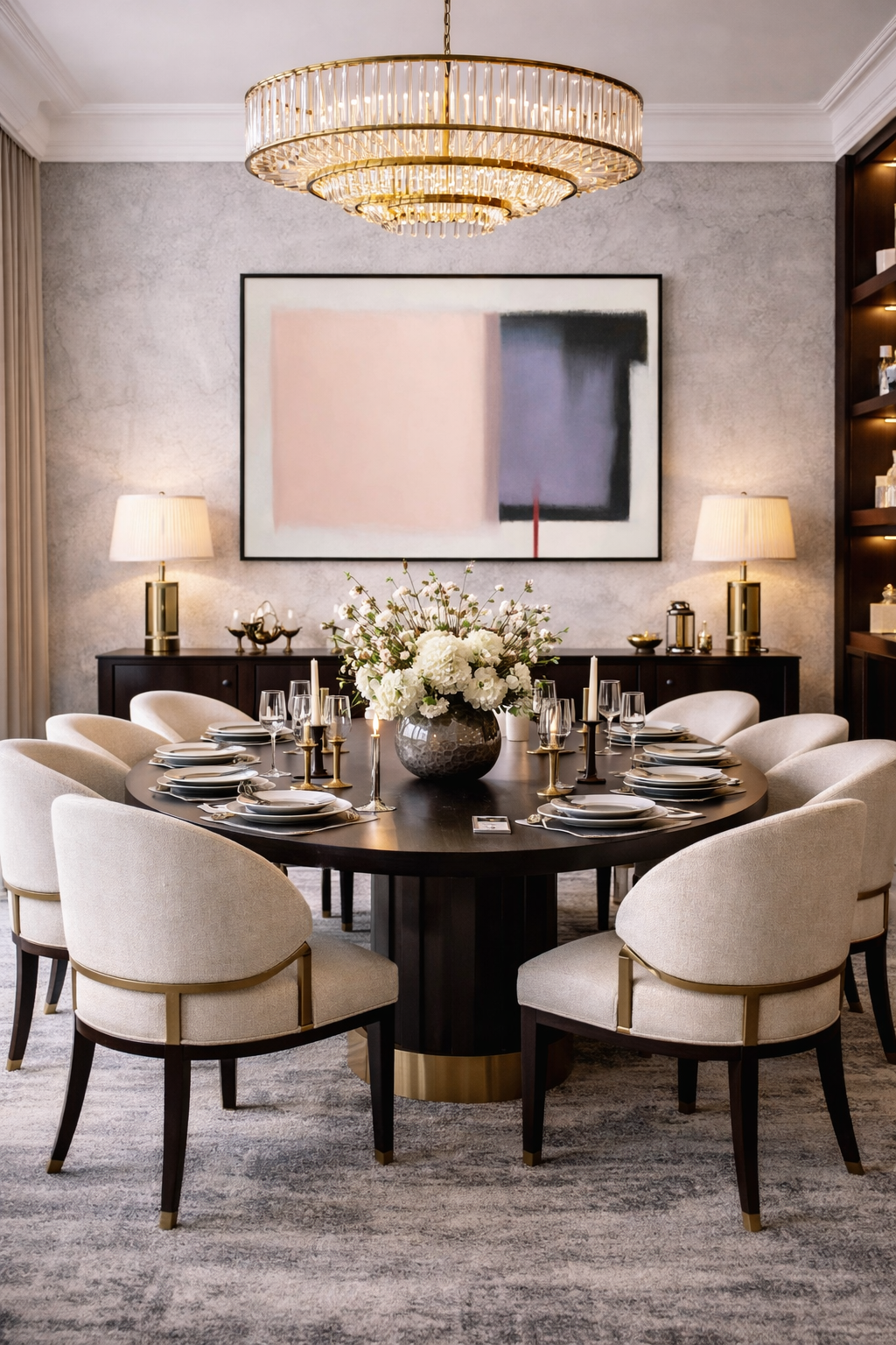 Elegant dining room with a round table, chairs, and decorative elements.
