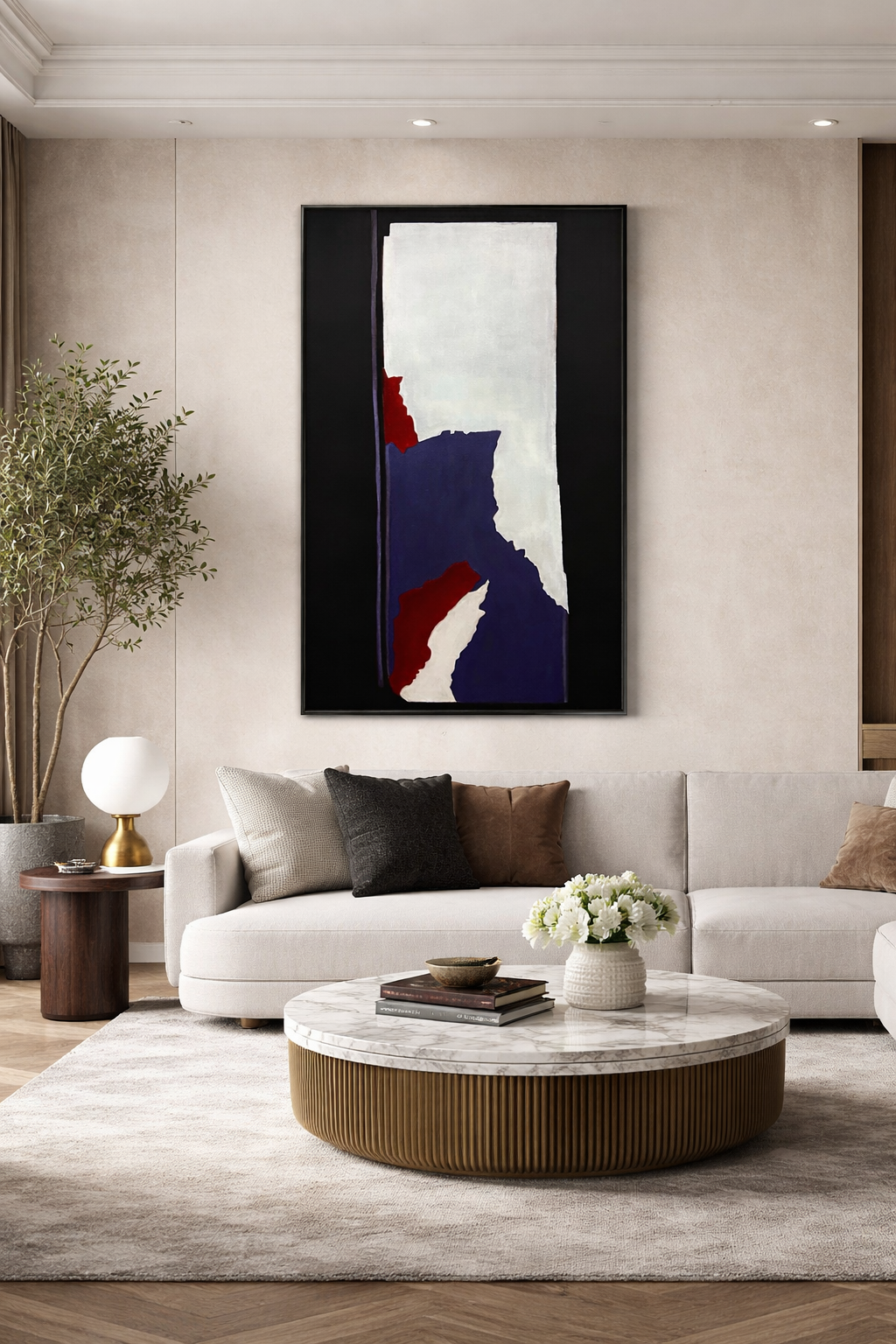 Modern living room with a gray sofa, marble coffee table, and abstract art on the wall.