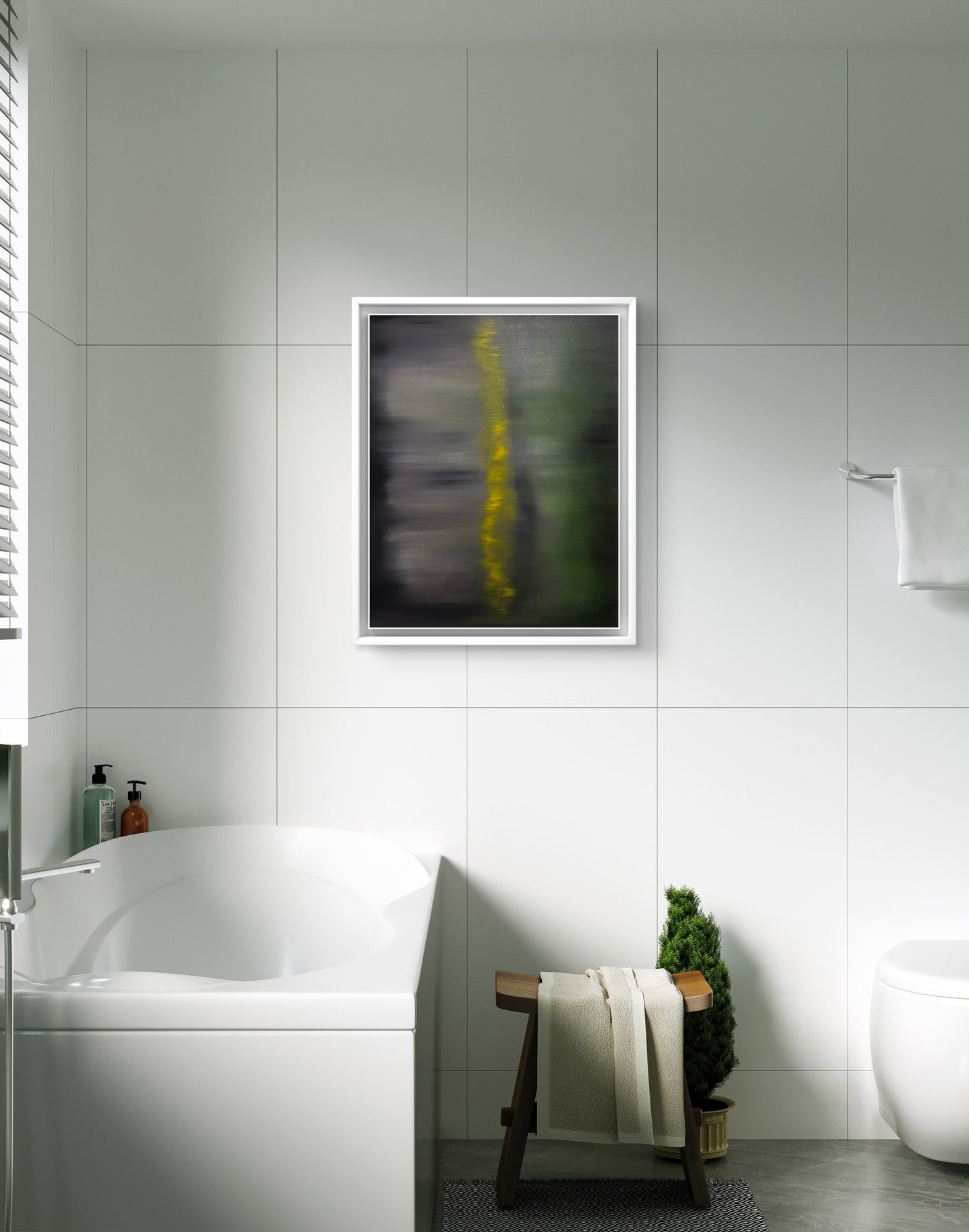 Modern bathroom with a bathtub, stool, and framed abstract art on the wall.