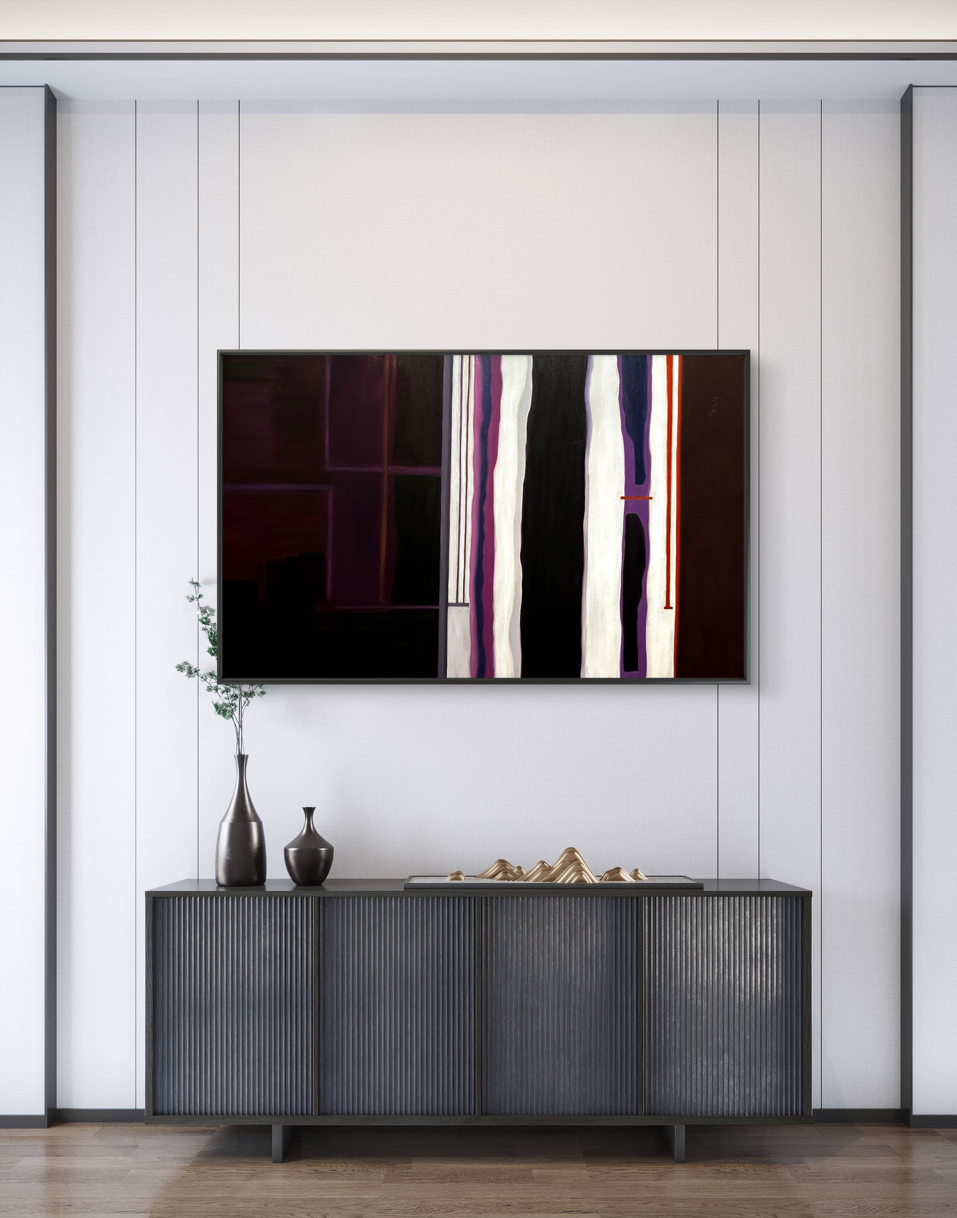 Modern interior with a television displaying abstract art above a dark piece of furniture.