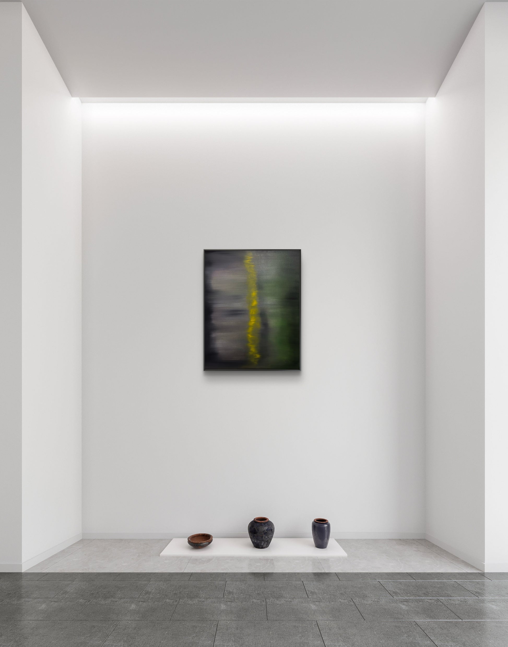 Abstract painting on a white wall with three black ceramic pieces below in a minimalistic room.