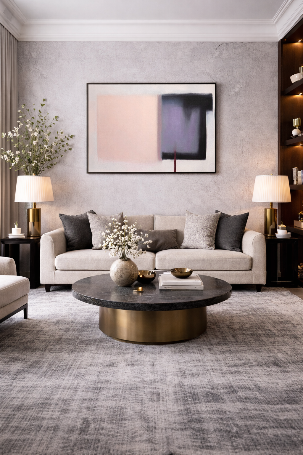 Modern living room with a gray sofa, round coffee table, and abstract art on the wall.