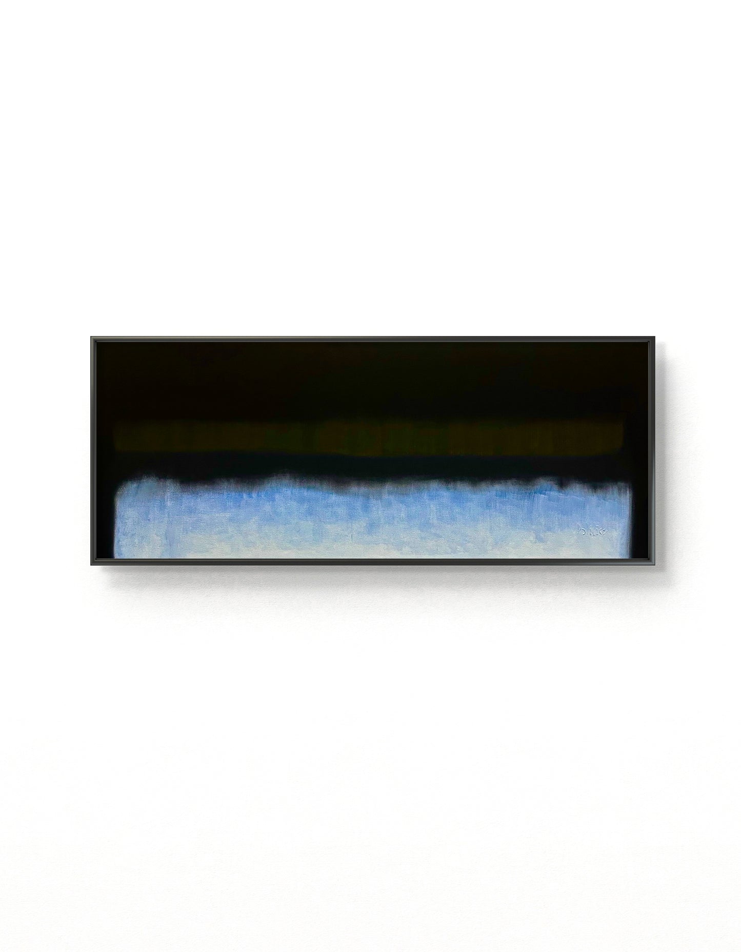 Abstract art piece with black, blue, and gray gradient in a black frame on a white background