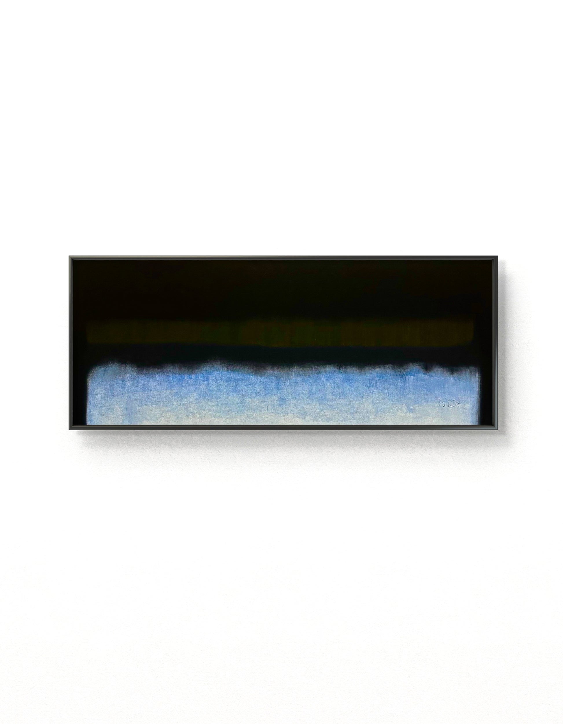 Abstract art piece with black, blue, and gray gradient in a black frame on a white background