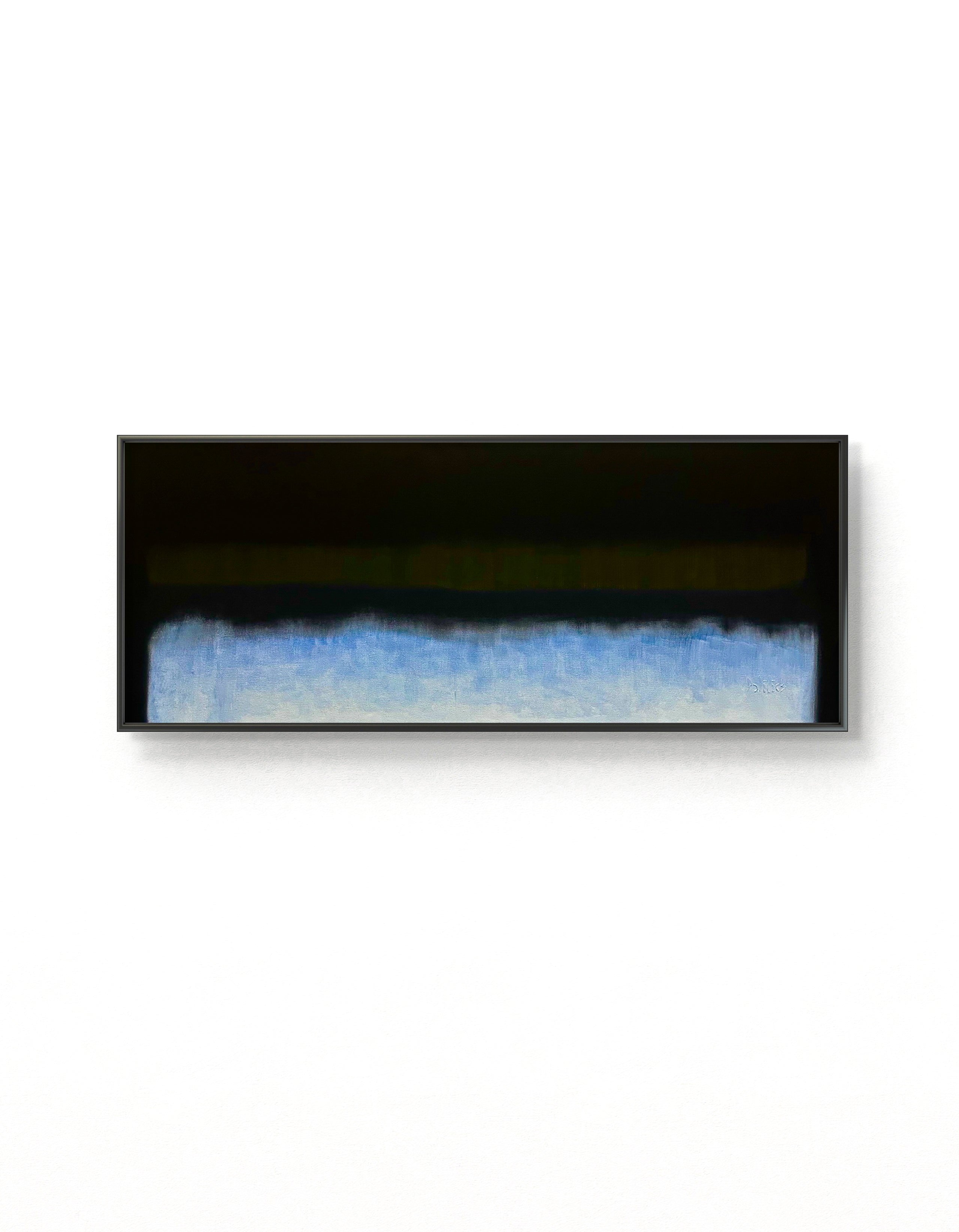 Abstract art piece with black, blue, and gray gradient in a black frame on a white background