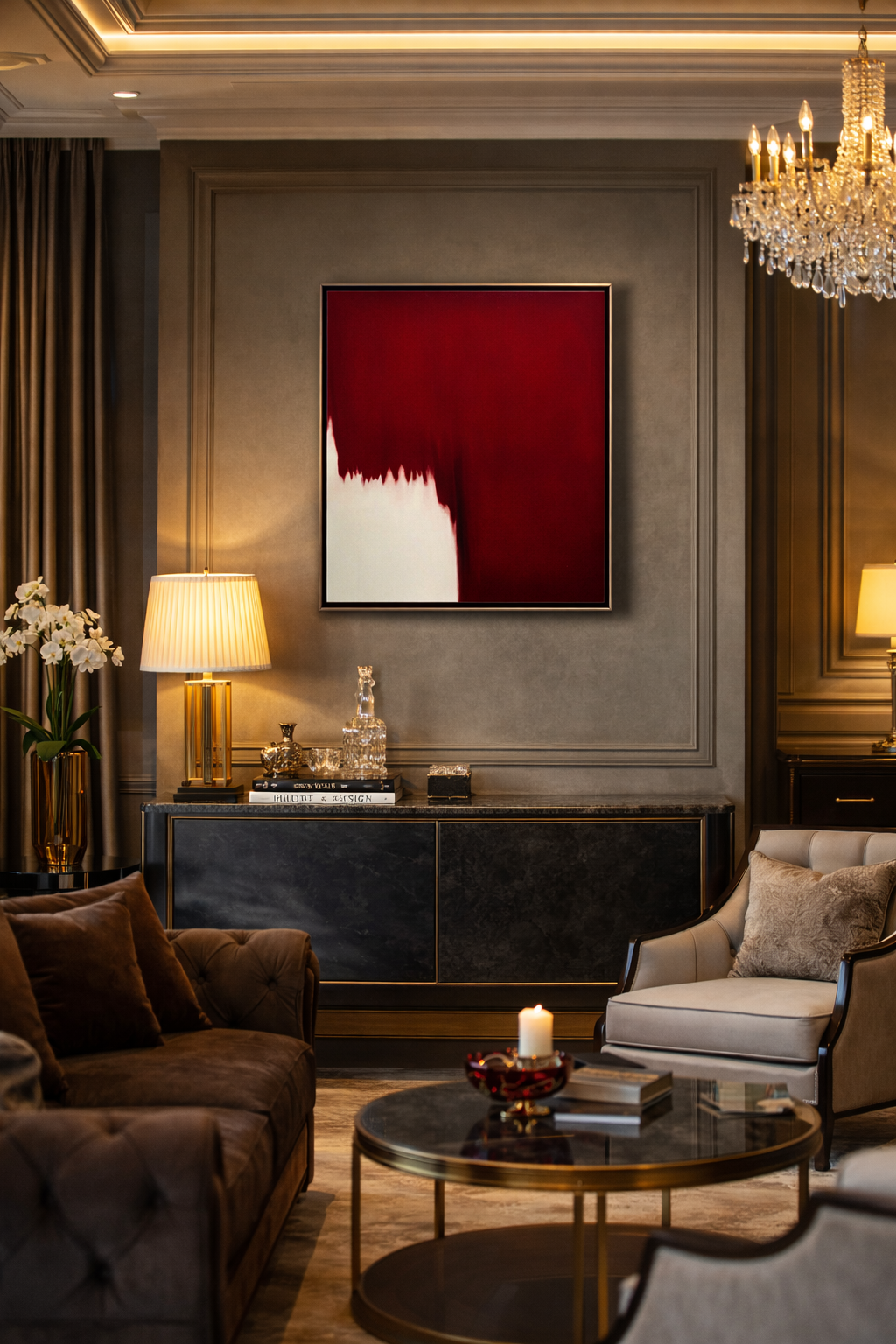 Luxurious living room with a red abstract painting, chandelier, and modern furniture.