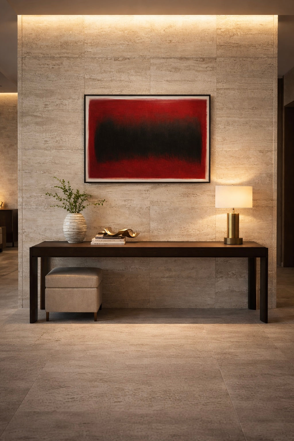 Modern interior with a dark wooden console table, lamp, and abstract painting on a textured wall.