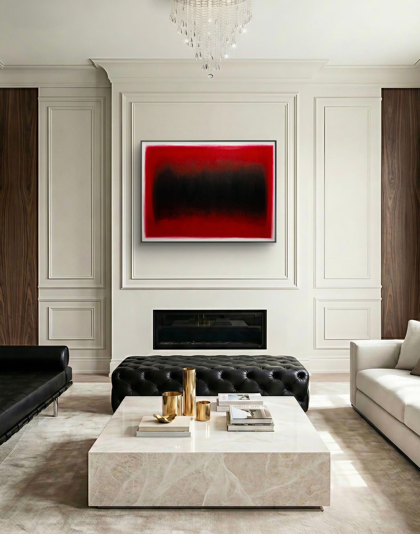 Modern living room with abstract red and black painting on wall, white coffee table, and black sofa.