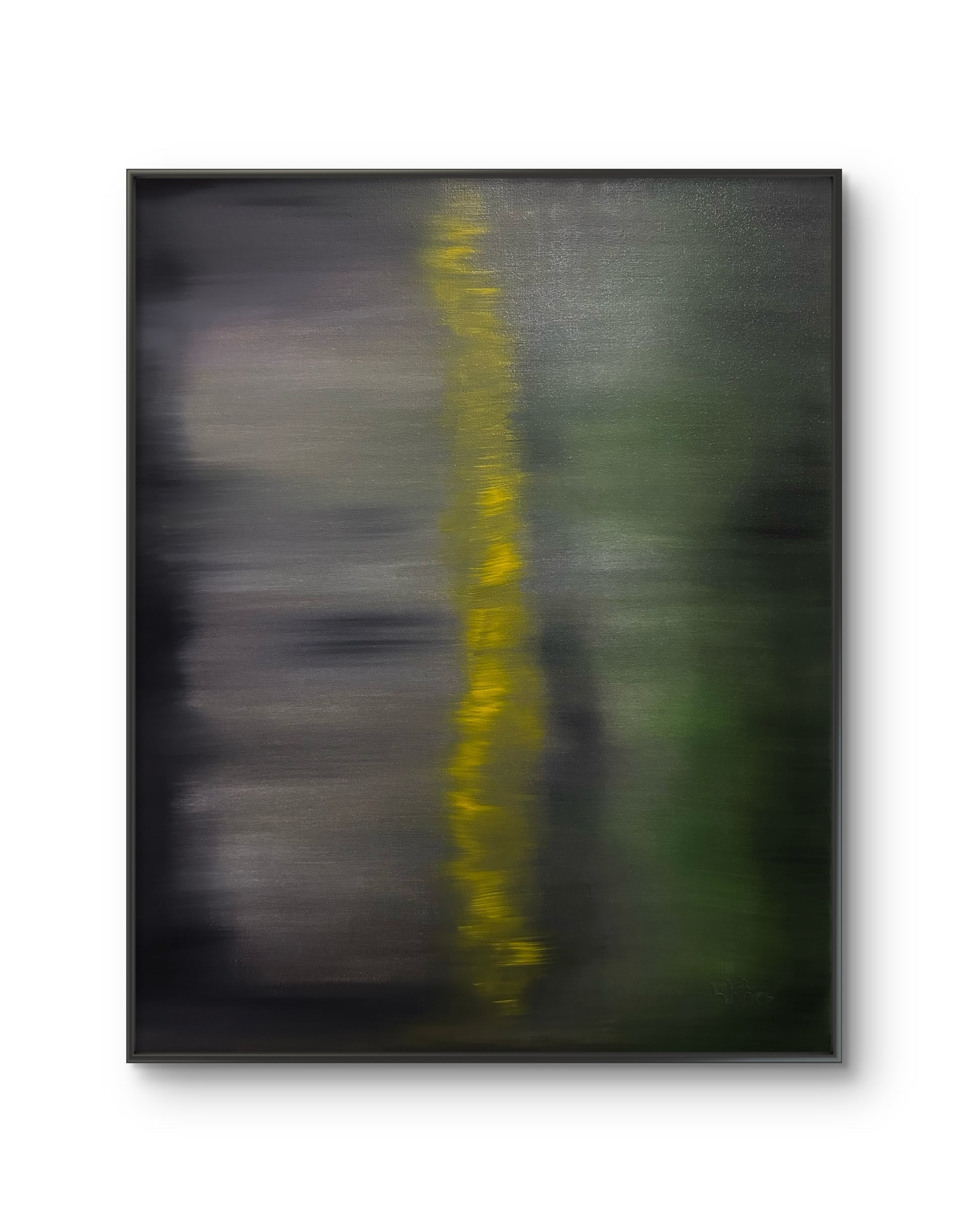 Abstract art piece with a vertical yellow line on a dark background